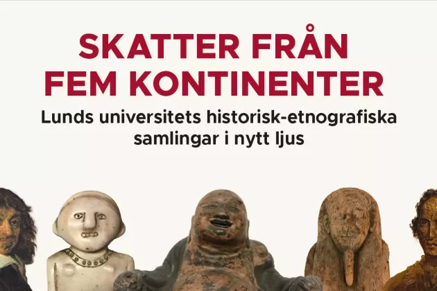 Fem ansikten från olika historiska perioder och föremål är uppradade under utställningens titel